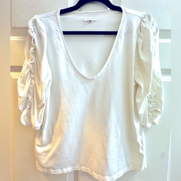 Grey State EUC Sz XL Ivory Shirred Short Puff Sleeve Top - Picture 2 of 5